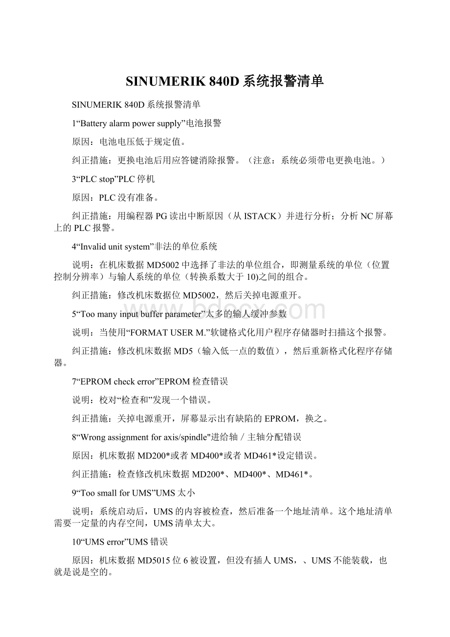 SINUMERIK 840D系统报警清单Word下载.docx