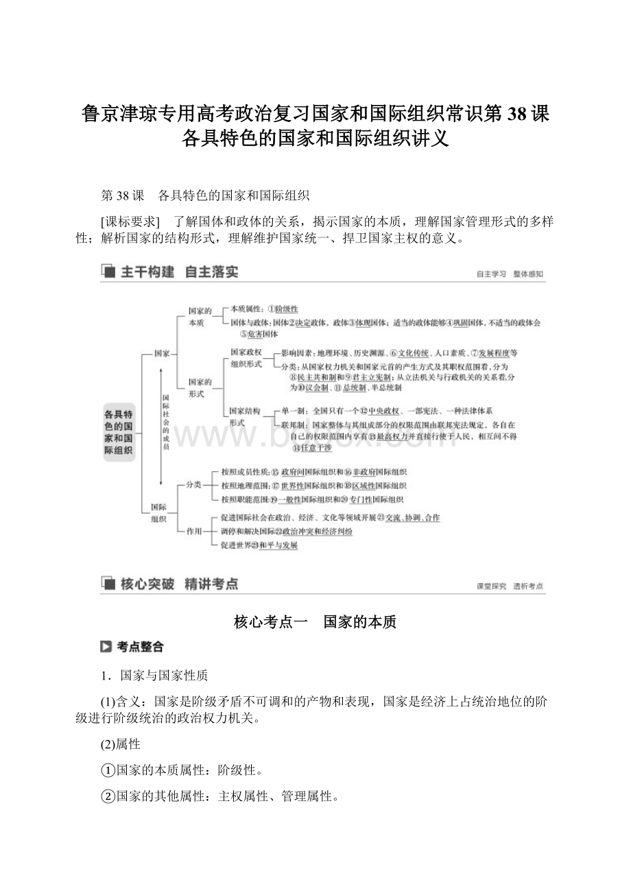 鲁京津琼专用高考政治复习国家和国际组织常识第38课各具特色的国家和国际组织讲义Word文档格式.docx