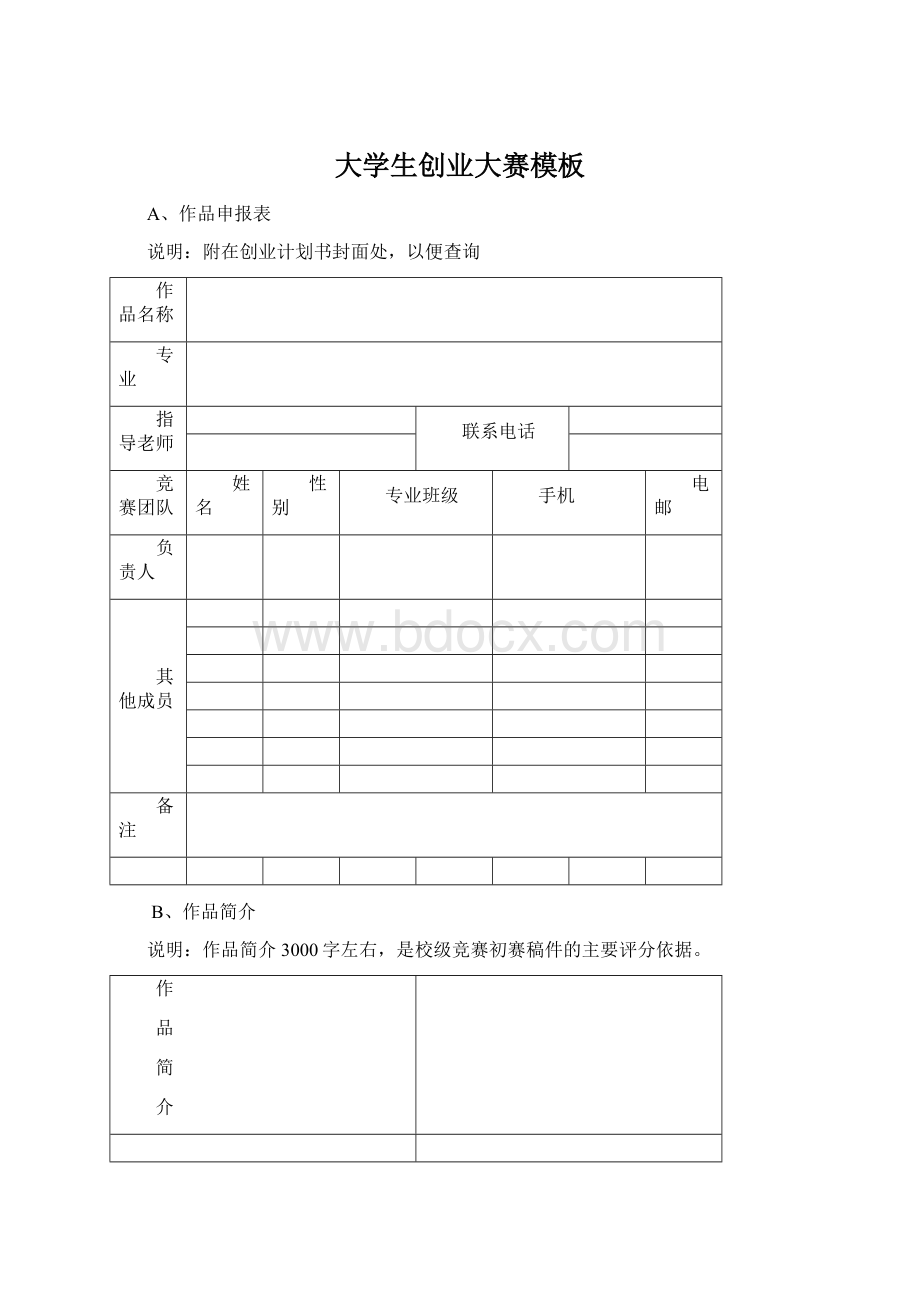 大学生创业大赛模板Word格式.docx