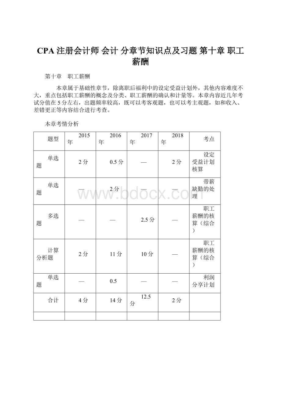 CPA 注册会计师 会计分章节知识点及习题 第十章 职工薪酬Word文件下载.docx_第1页