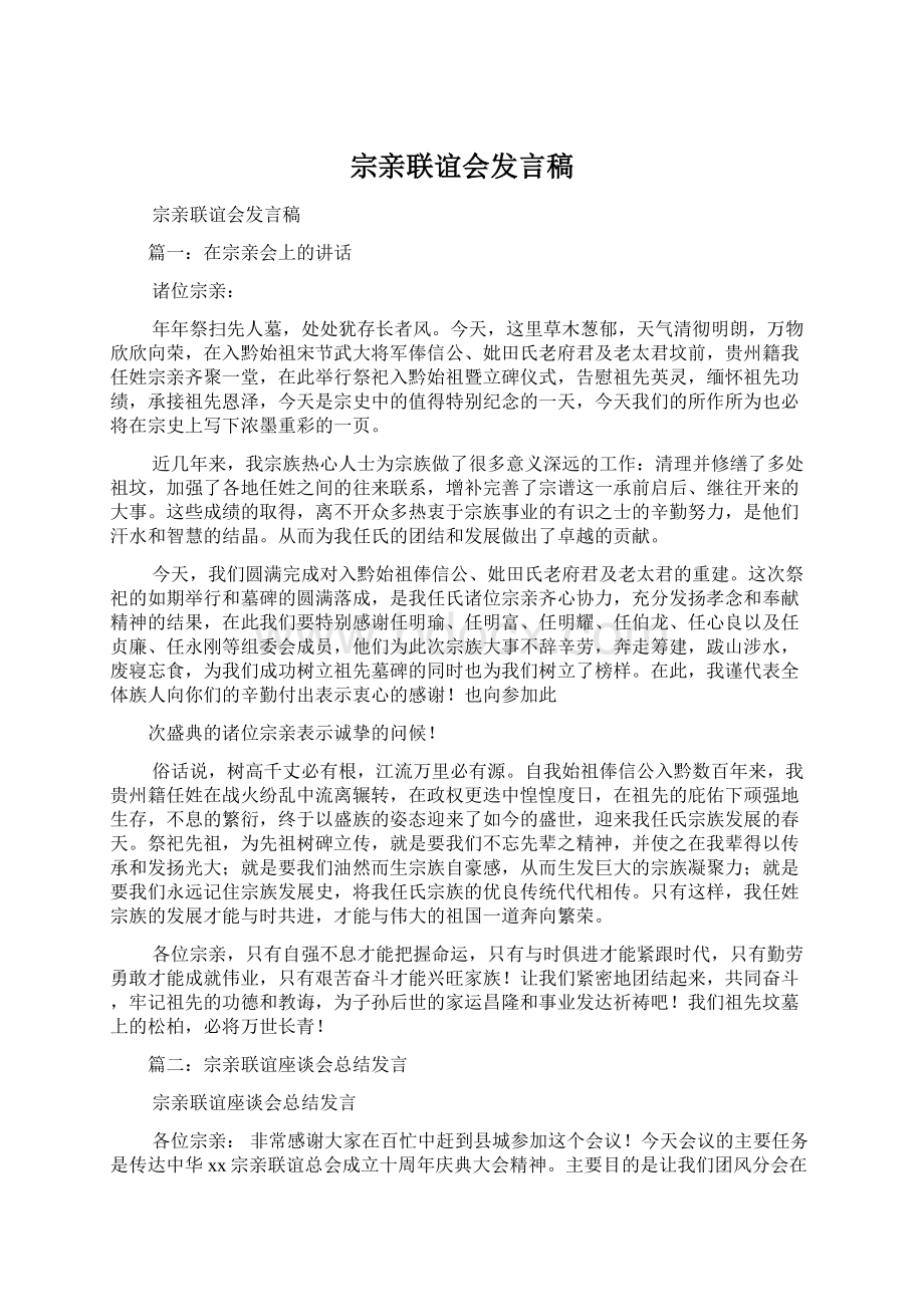 宗亲联谊会发言稿Word格式文档下载.docx