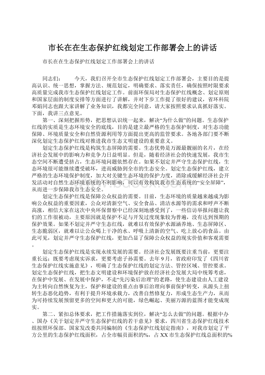 市长在在生态保护红线划定工作部署会上的讲话.docx