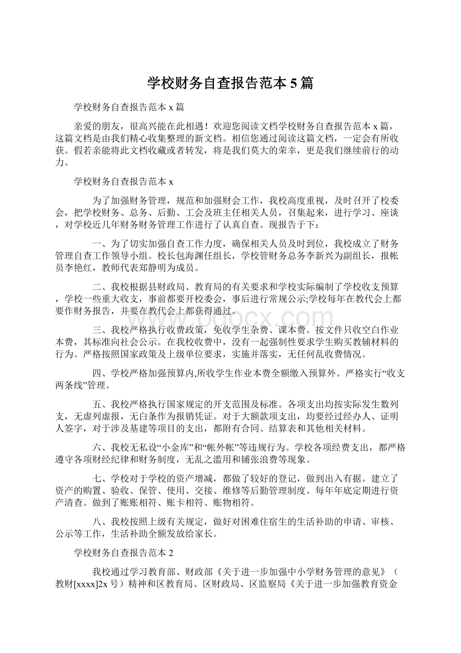 学校财务自查报告范本5篇Word格式文档下载.docx_第1页