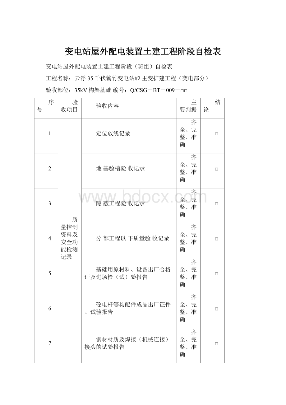 变电站屋外配电装置土建工程阶段自检表Word格式.docx