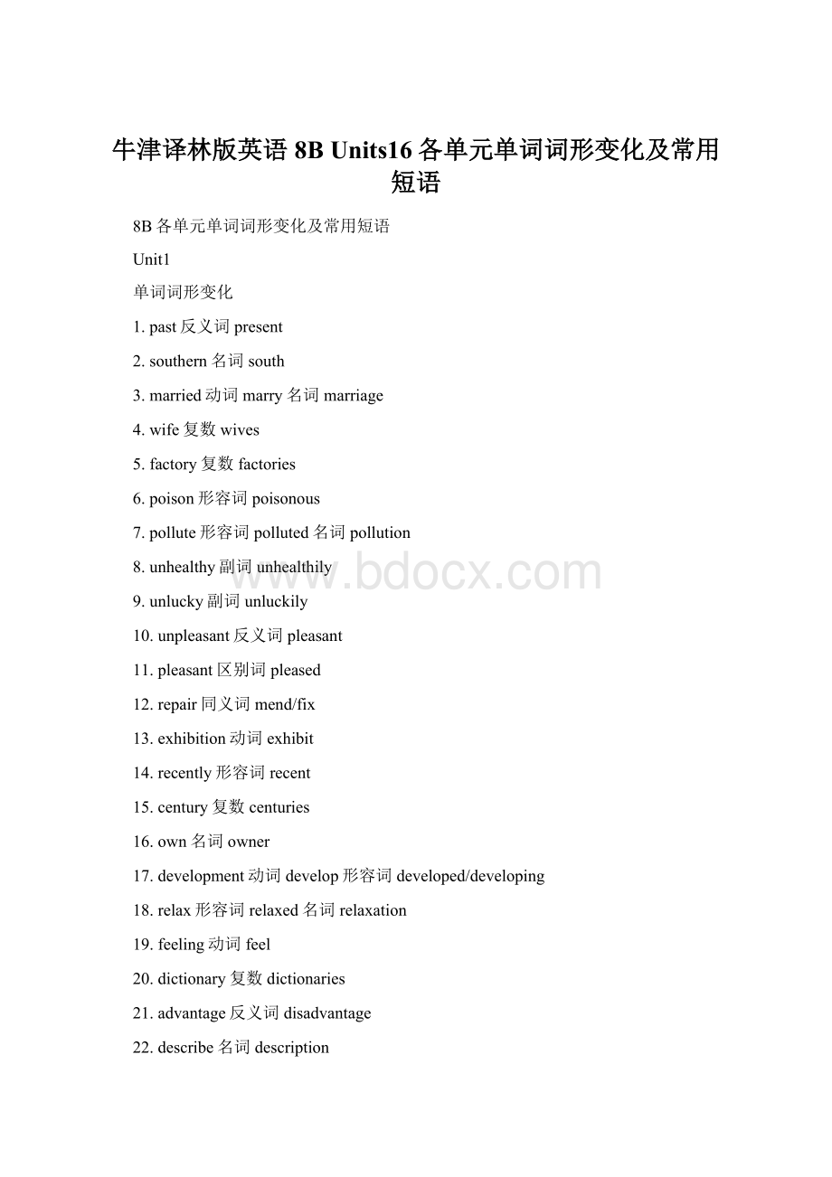 牛津译林版英语8B Units16各单元单词词形变化及常用短语.docx_第1页