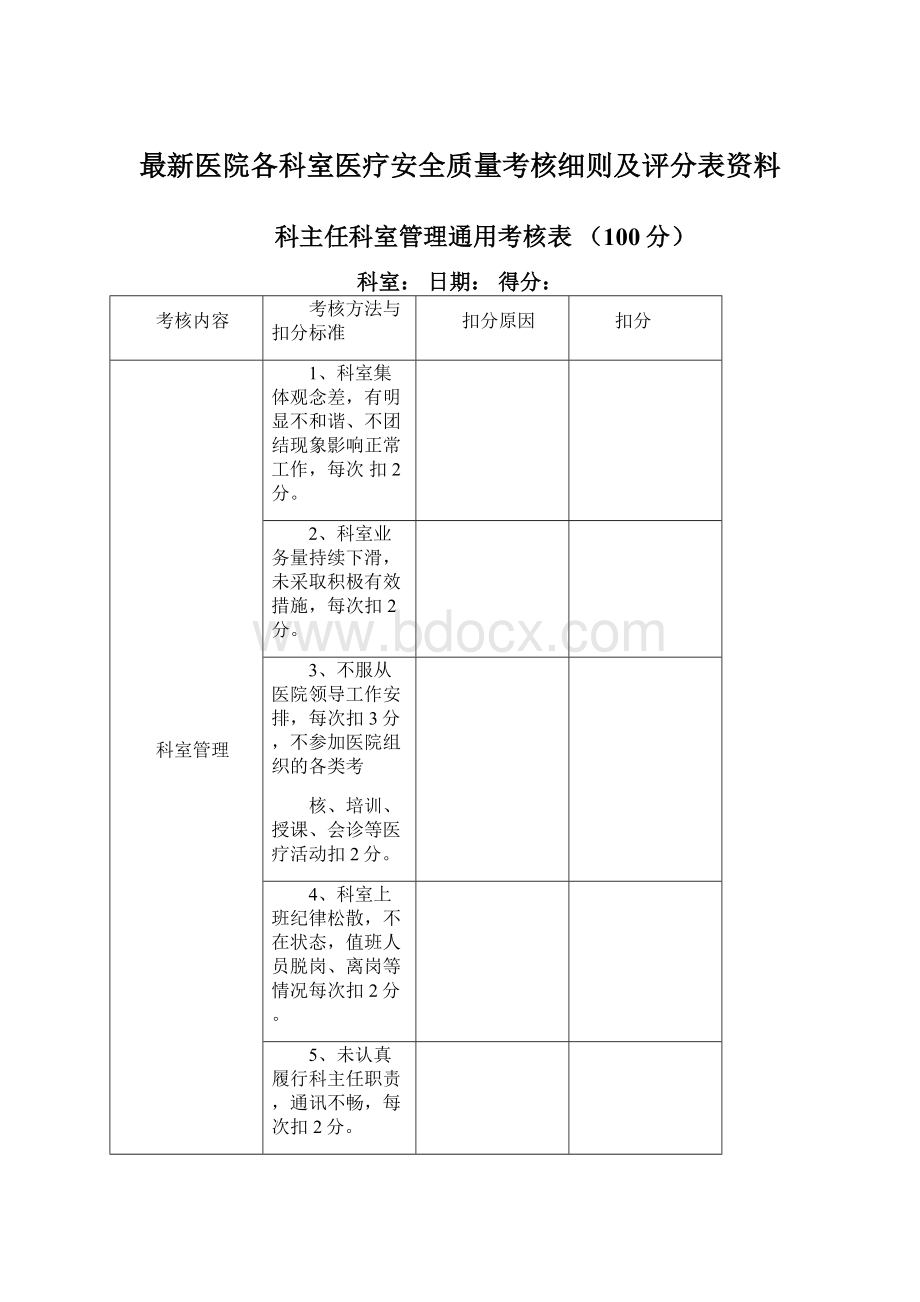 最新医院各科室医疗安全质量考核细则及评分表资料.docx_第1页