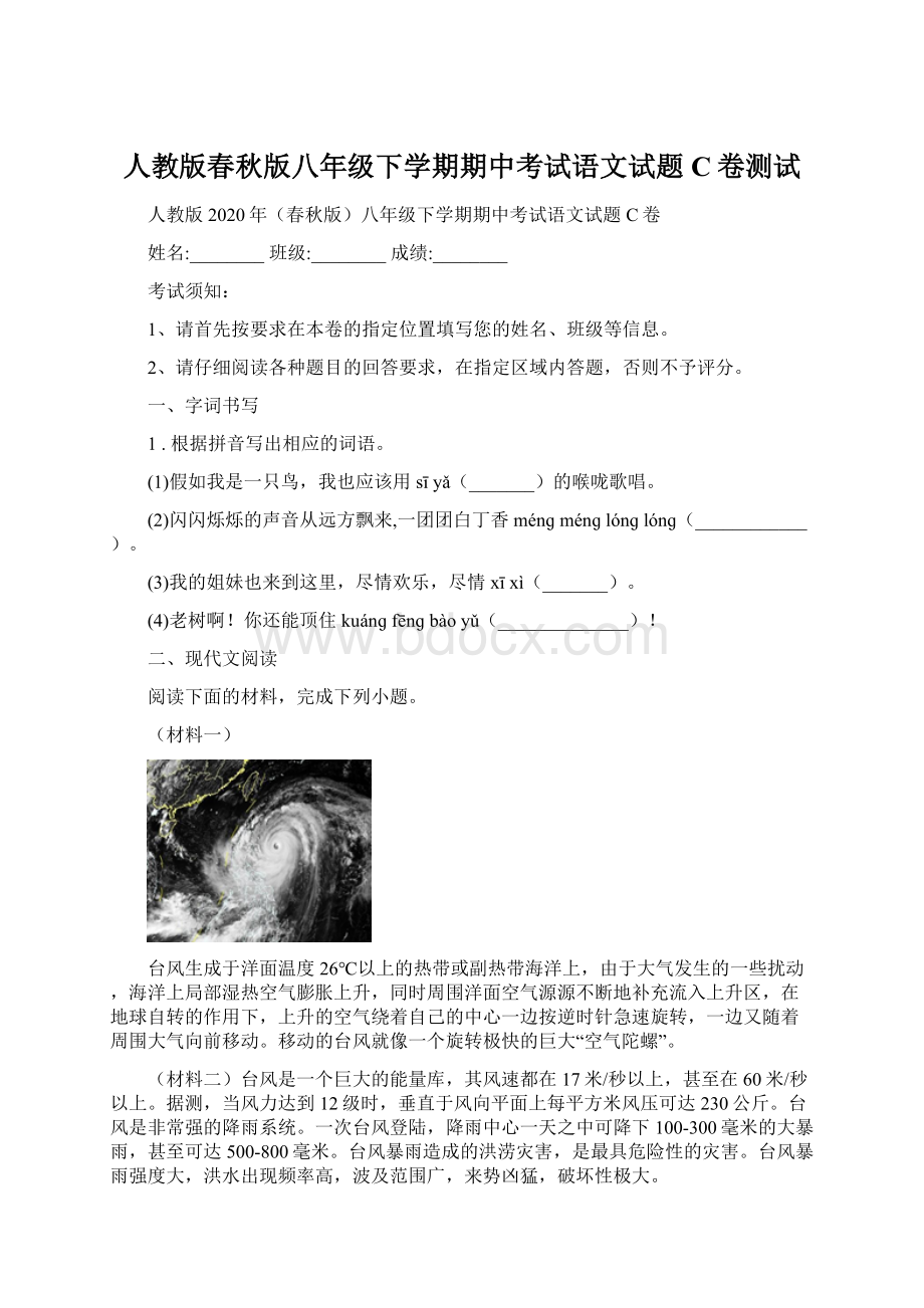 人教版春秋版八年级下学期期中考试语文试题C卷测试.docx