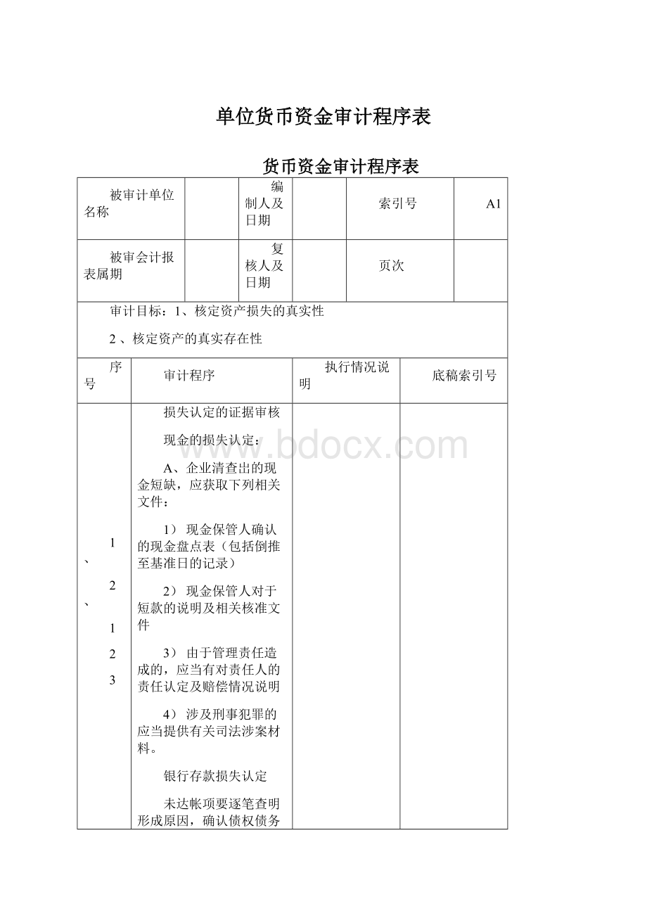 单位货币资金审计程序表Word下载.docx_第1页