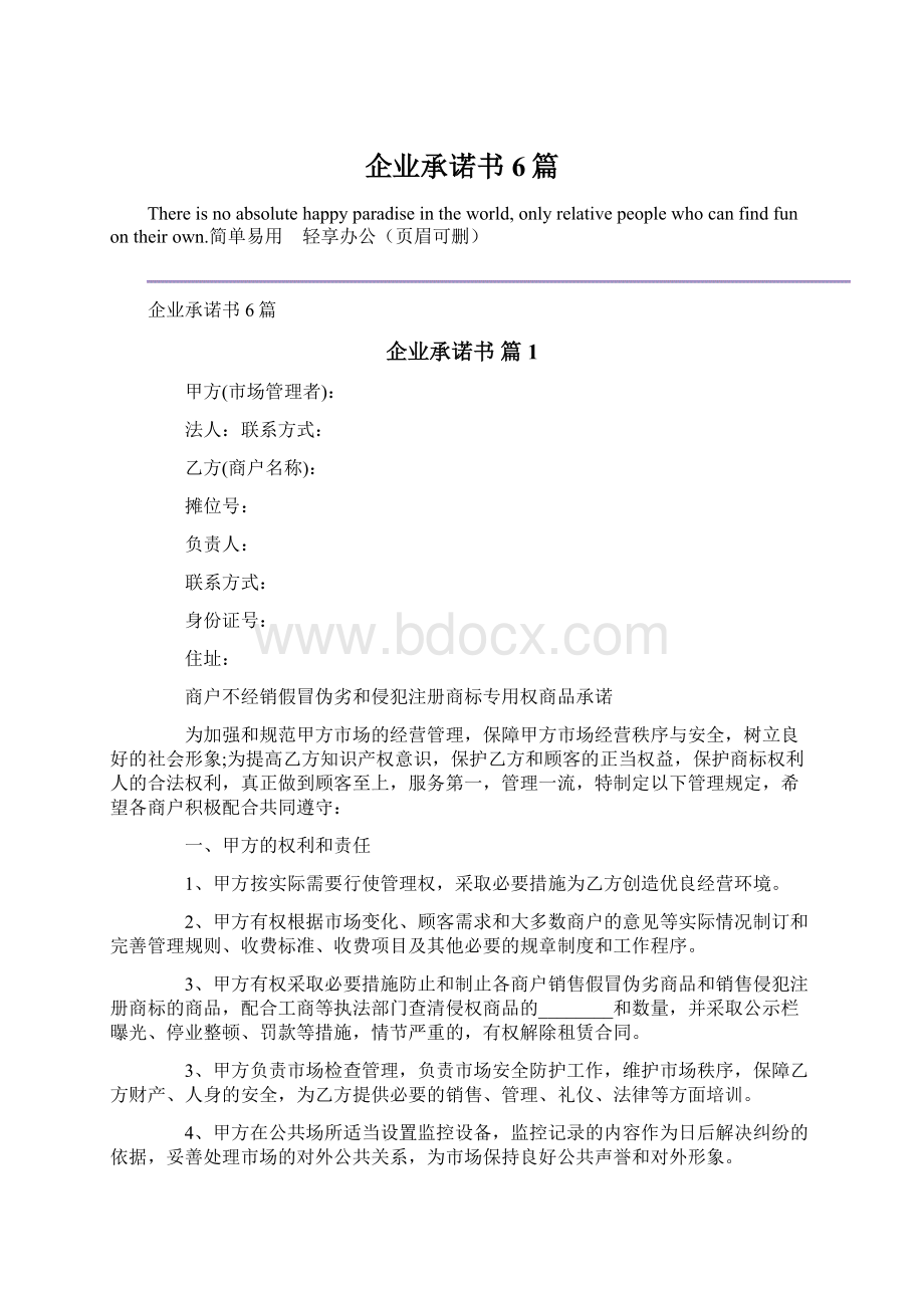 企业承诺书6篇Word文档格式.docx