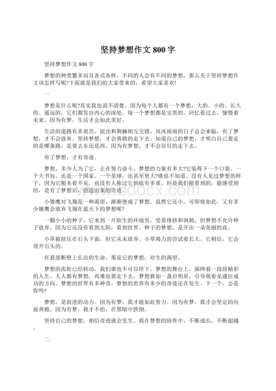 坚持梦想作文800字Word格式.docx