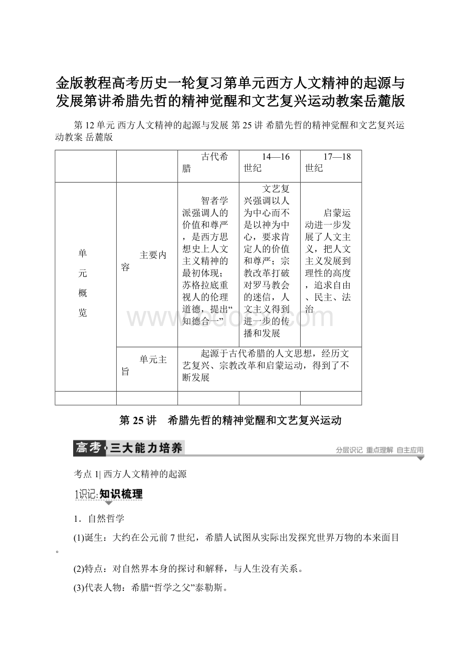 金版教程高考历史一轮复习第单元西方人文精神的起源与发展第讲希腊先哲的精神觉醒和文艺复兴运动教案岳麓版文档格式.docx_第1页