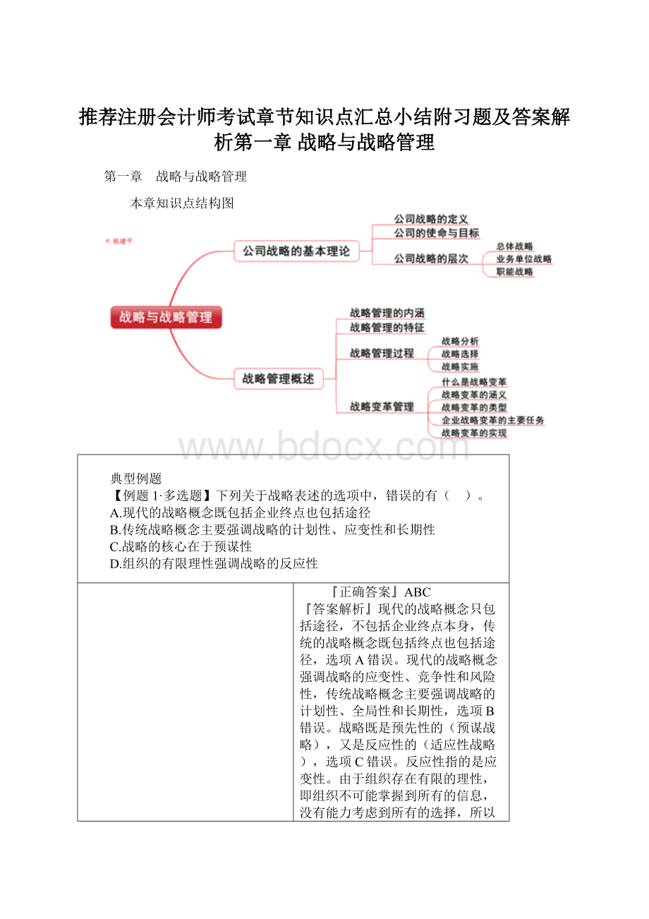 推荐注册会计师考试章节知识点汇总小结附习题及答案解析第一章 战略与战略管理Word格式文档下载.docx_第1页