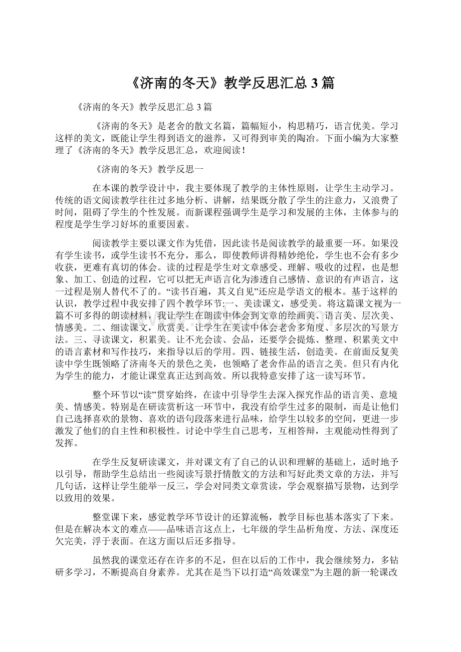 《济南的冬天》教学反思汇总3篇Word格式文档下载.docx