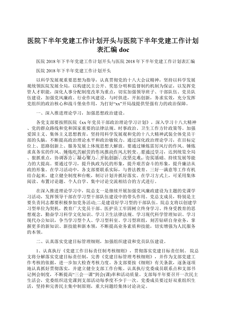 医院下半年党建工作计划开头与医院下半年党建工作计划表汇编docWord下载.docx