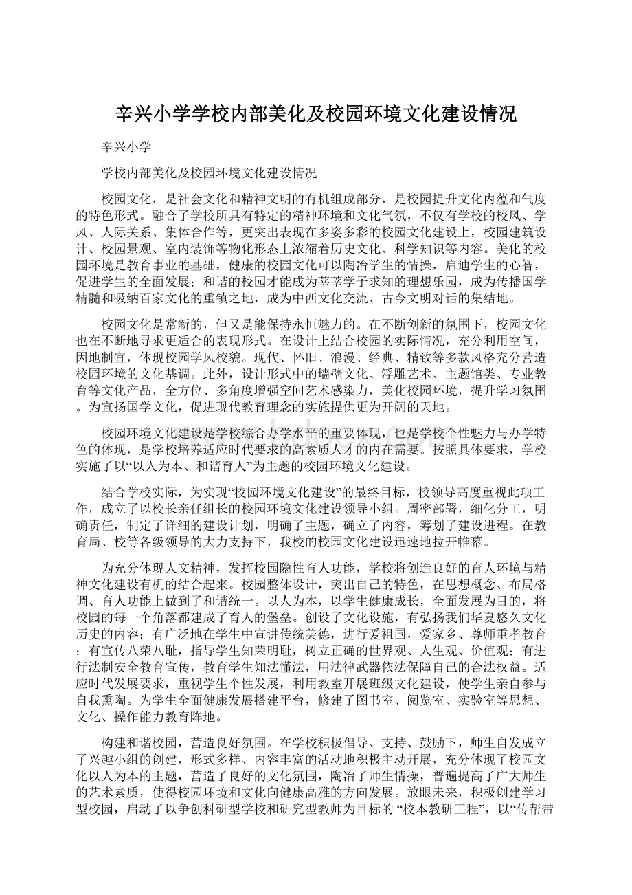 辛兴小学学校内部美化及校园环境文化建设情况Word格式文档下载.docx_第1页