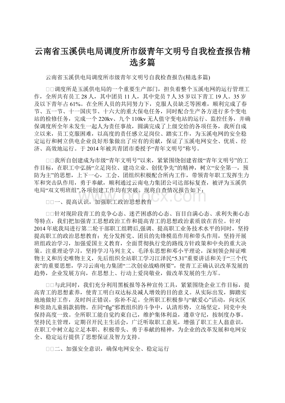 云南省玉溪供电局调度所市级青年文明号自我检查报告精选多篇.docx_第1页