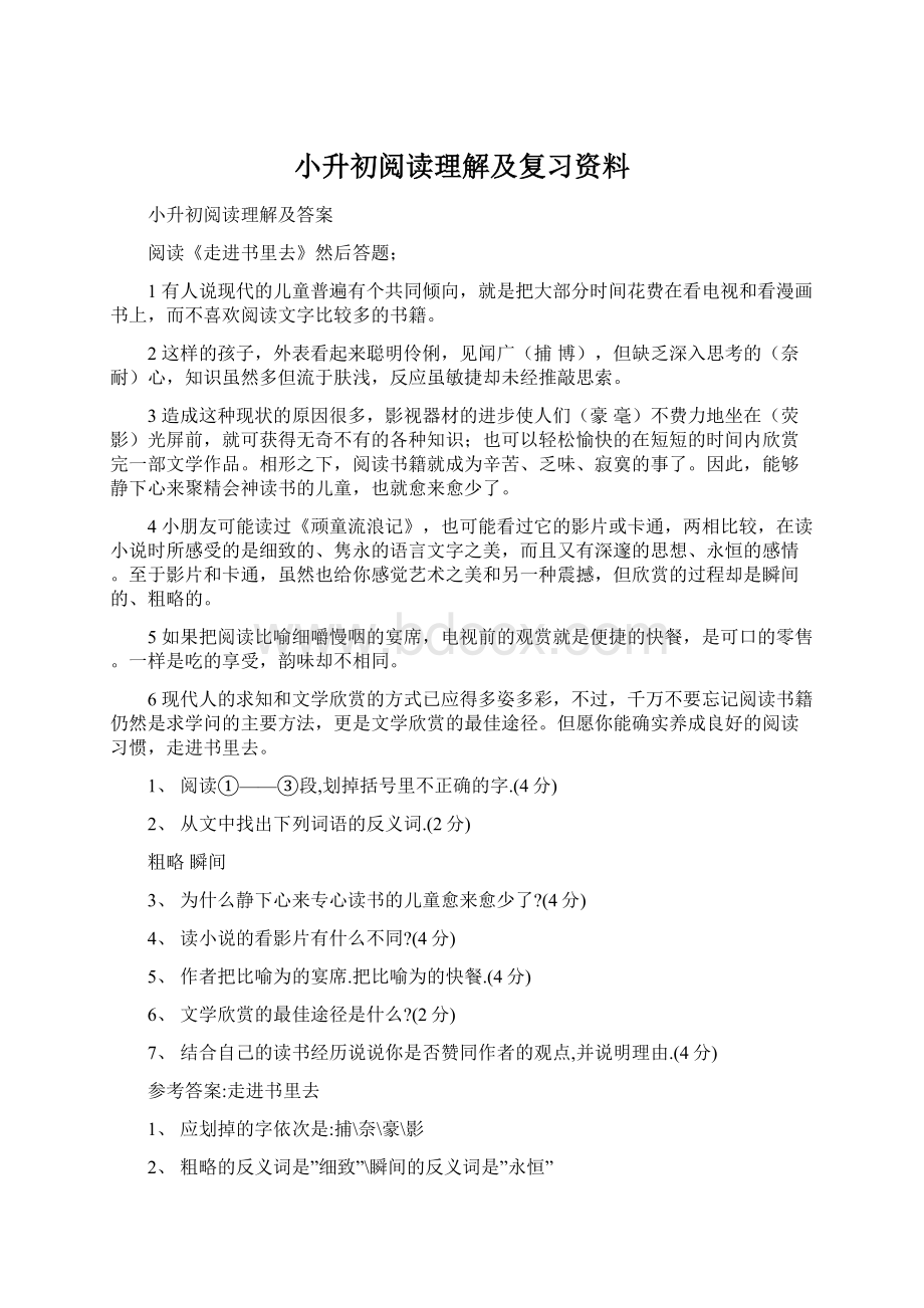 小升初阅读理解及复习资料Word格式文档下载.docx