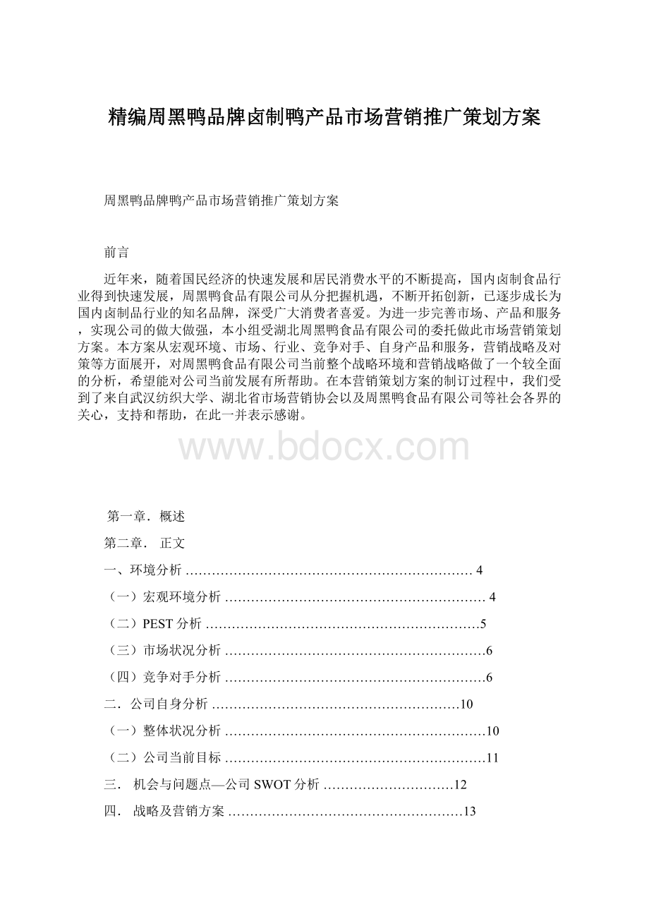 精编周黑鸭品牌卤制鸭产品市场营销推广策划方案文档格式.docx