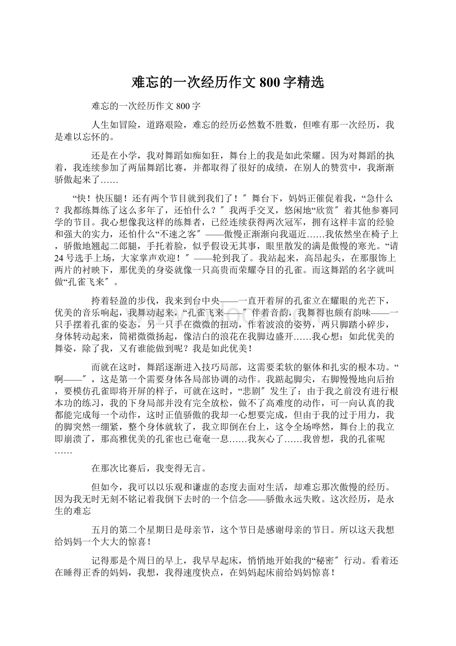 难忘的一次经历作文800字精选文档格式.docx