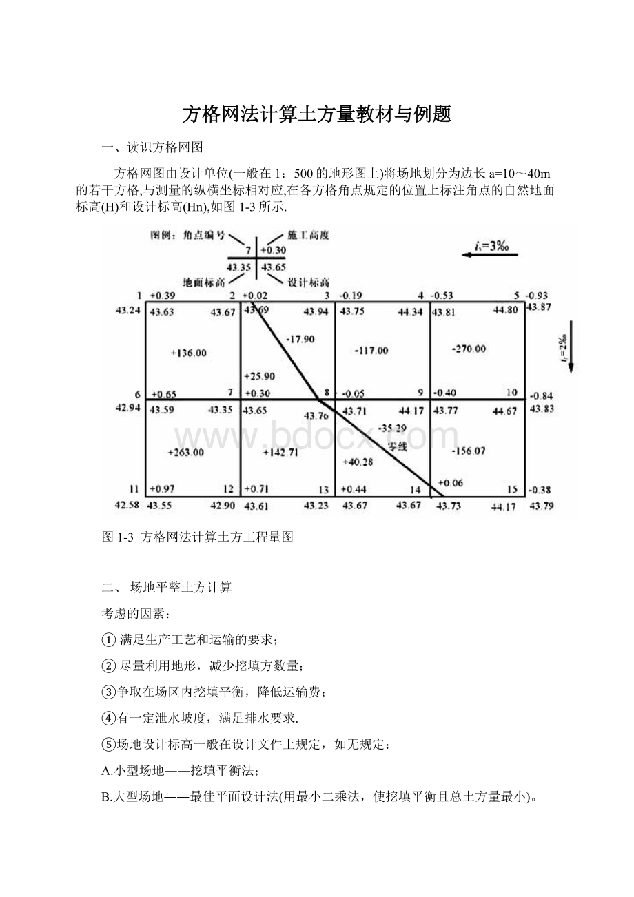 方格网法计算土方量教材与例题Word格式文档下载.docx_第1页