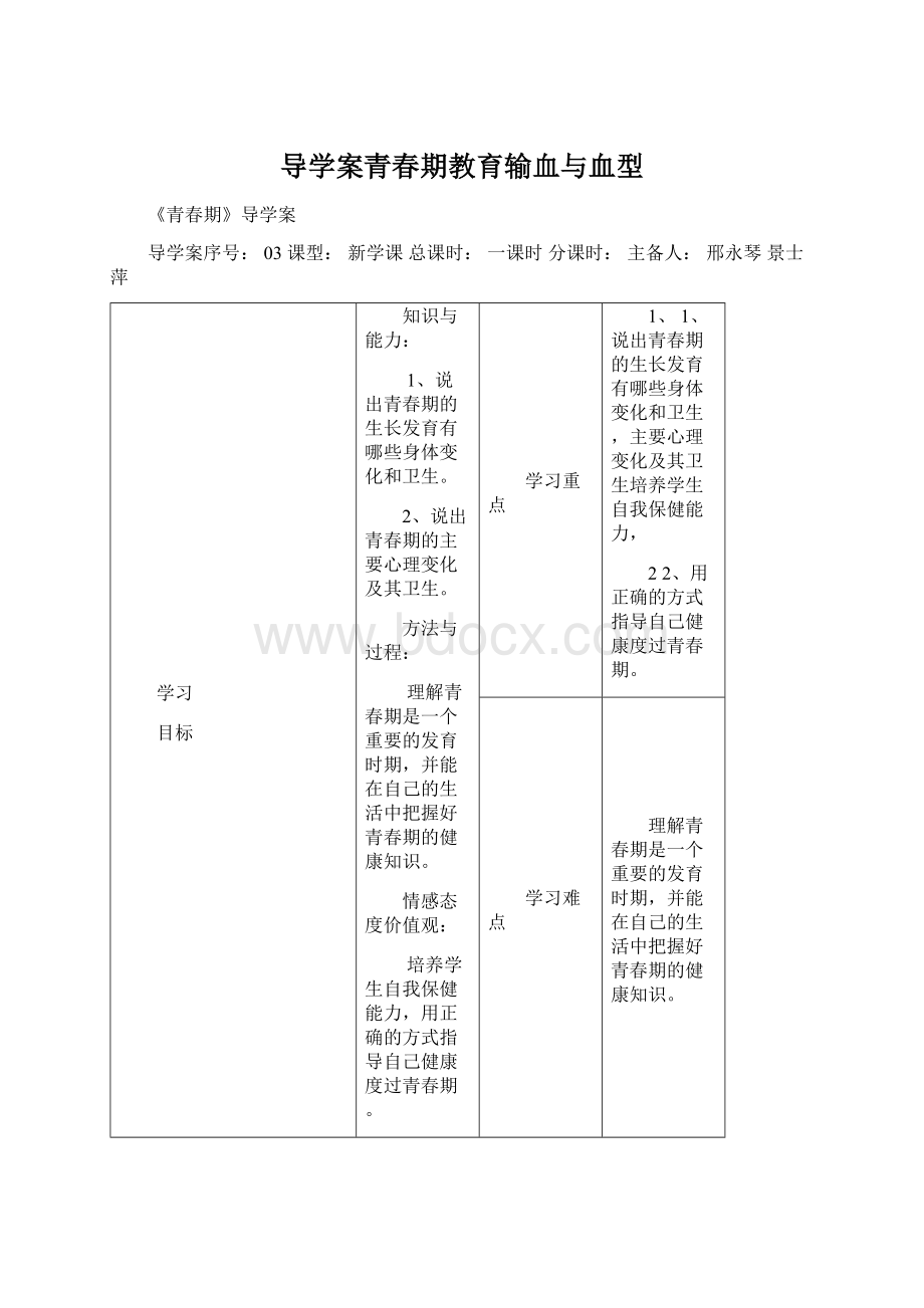 导学案青春期教育输血与血型.docx_第1页