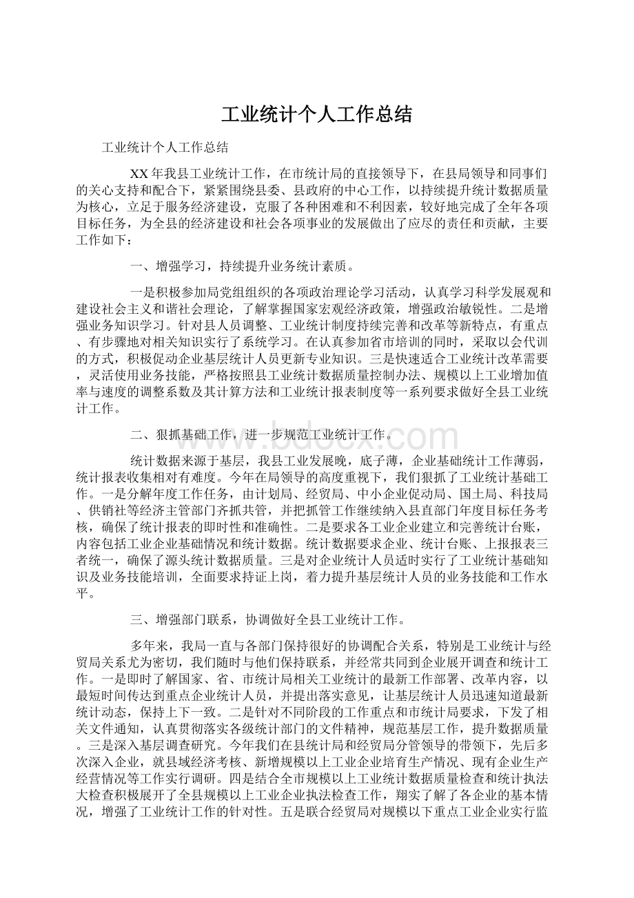 工业统计个人工作总结Word文档格式.docx