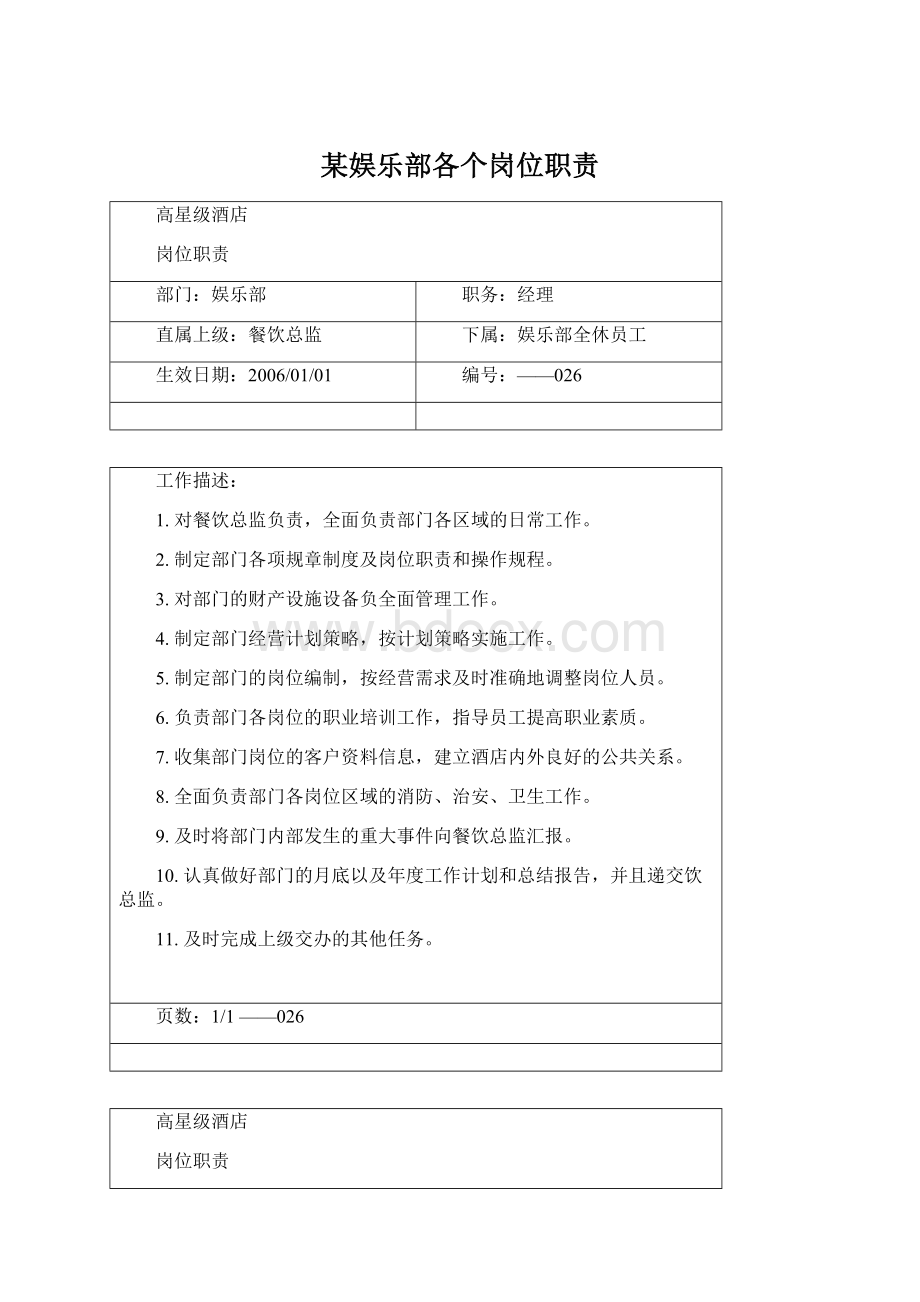 某娱乐部各个岗位职责.docx_第1页