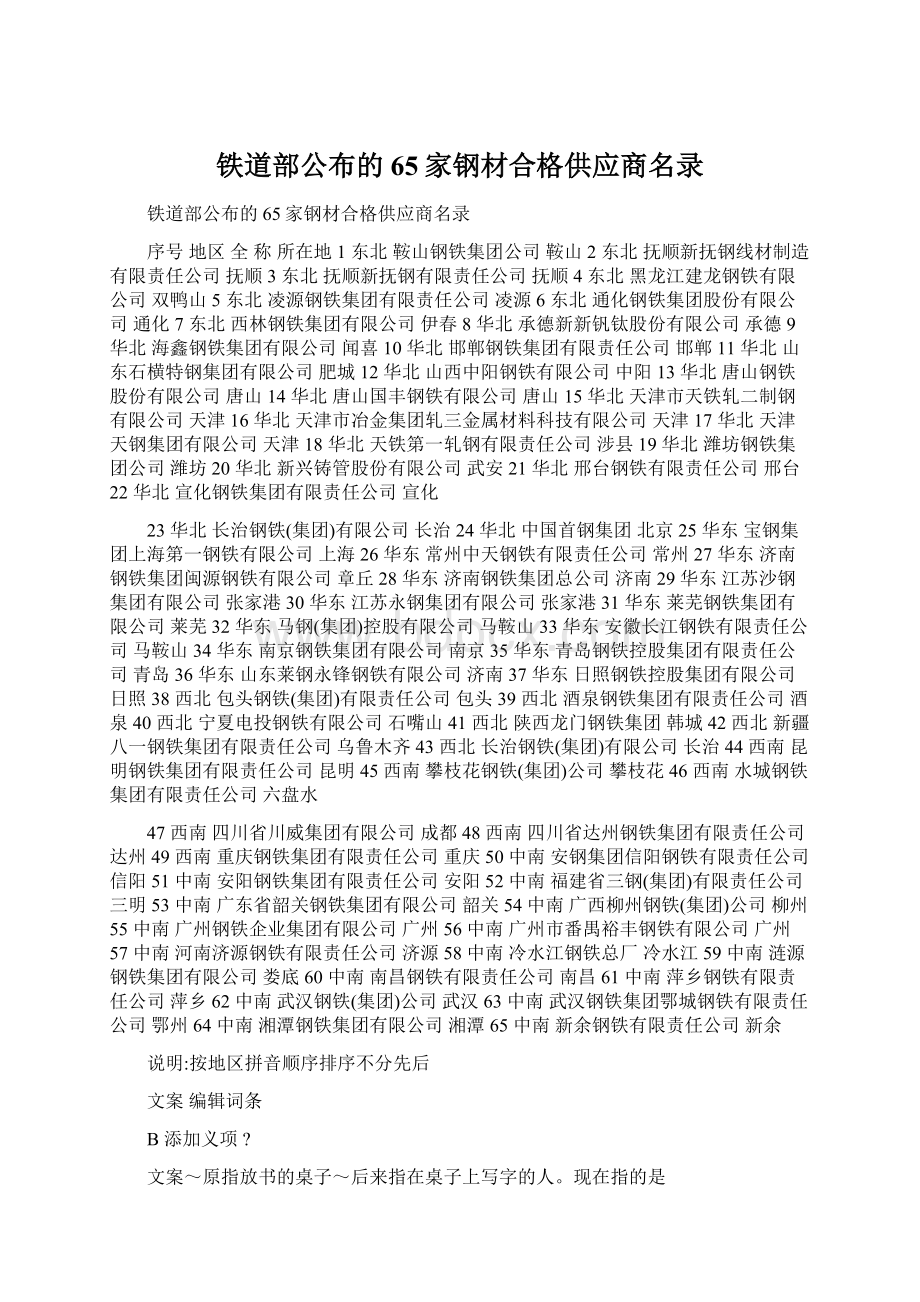 铁道部公布的65家钢材合格供应商名录Word下载.docx