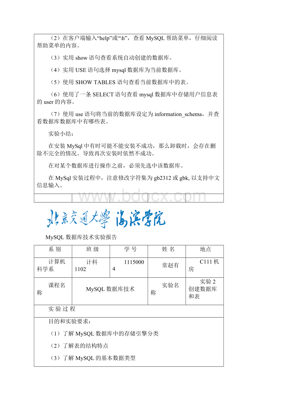 《MySQL数据库技术》实验报告11150004 常赵有1 2文档格式.docx_第2页