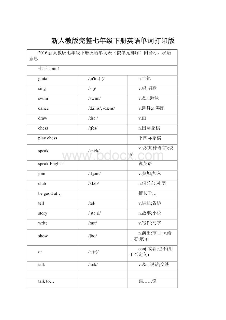 新人教版完整七年级下册英语单词打印版Word文件下载.docx