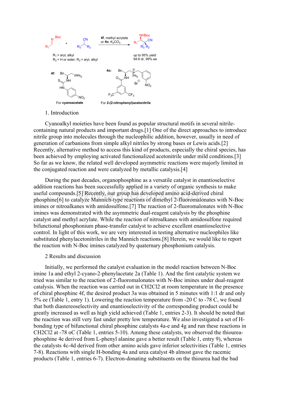 Enantioselective Direct Mannich Reaction of Functionalized Acetonitrile to NBoc imines Catalyzed byWord文档格式.docx_第2页