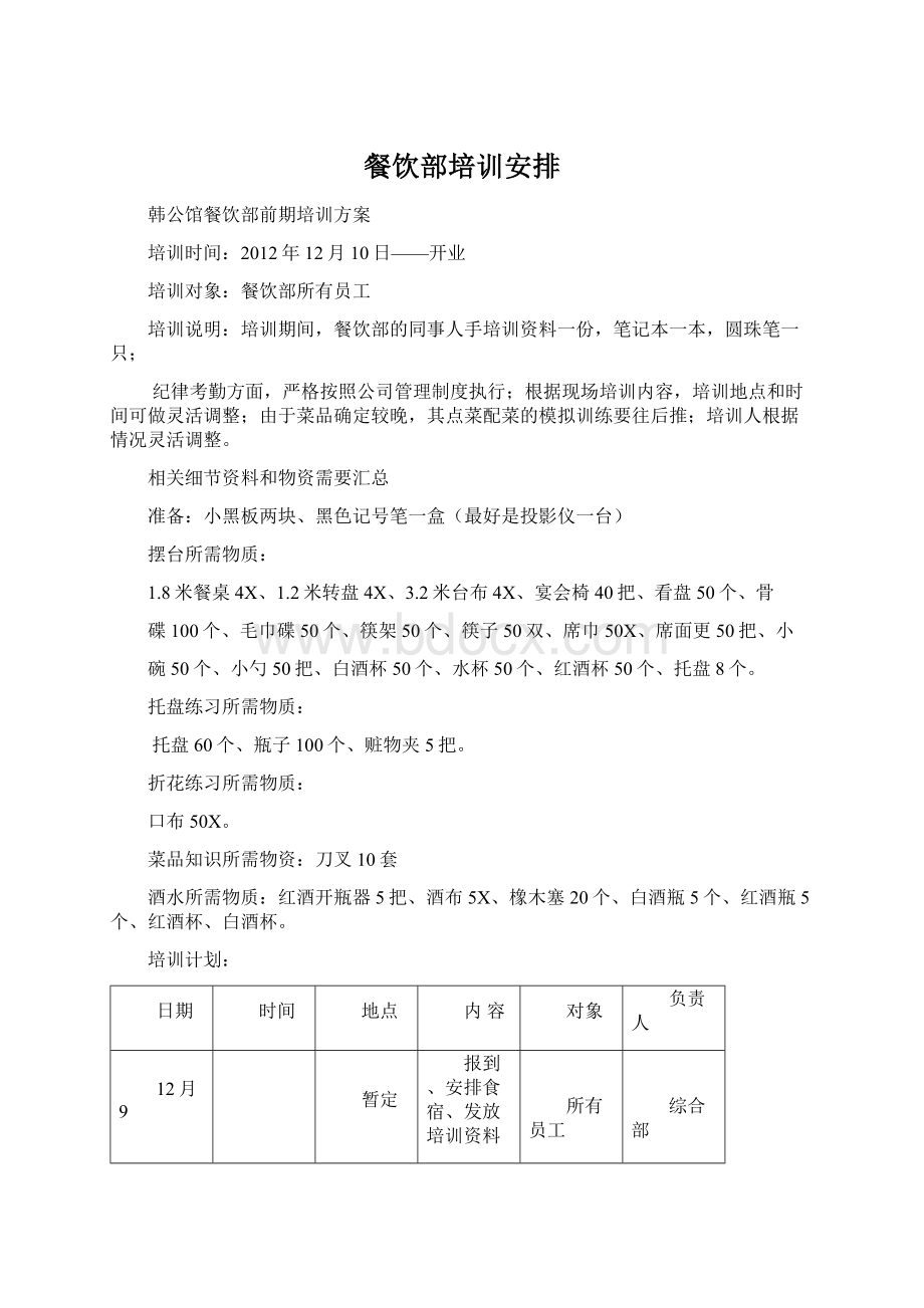 餐饮部培训安排.docx_第1页