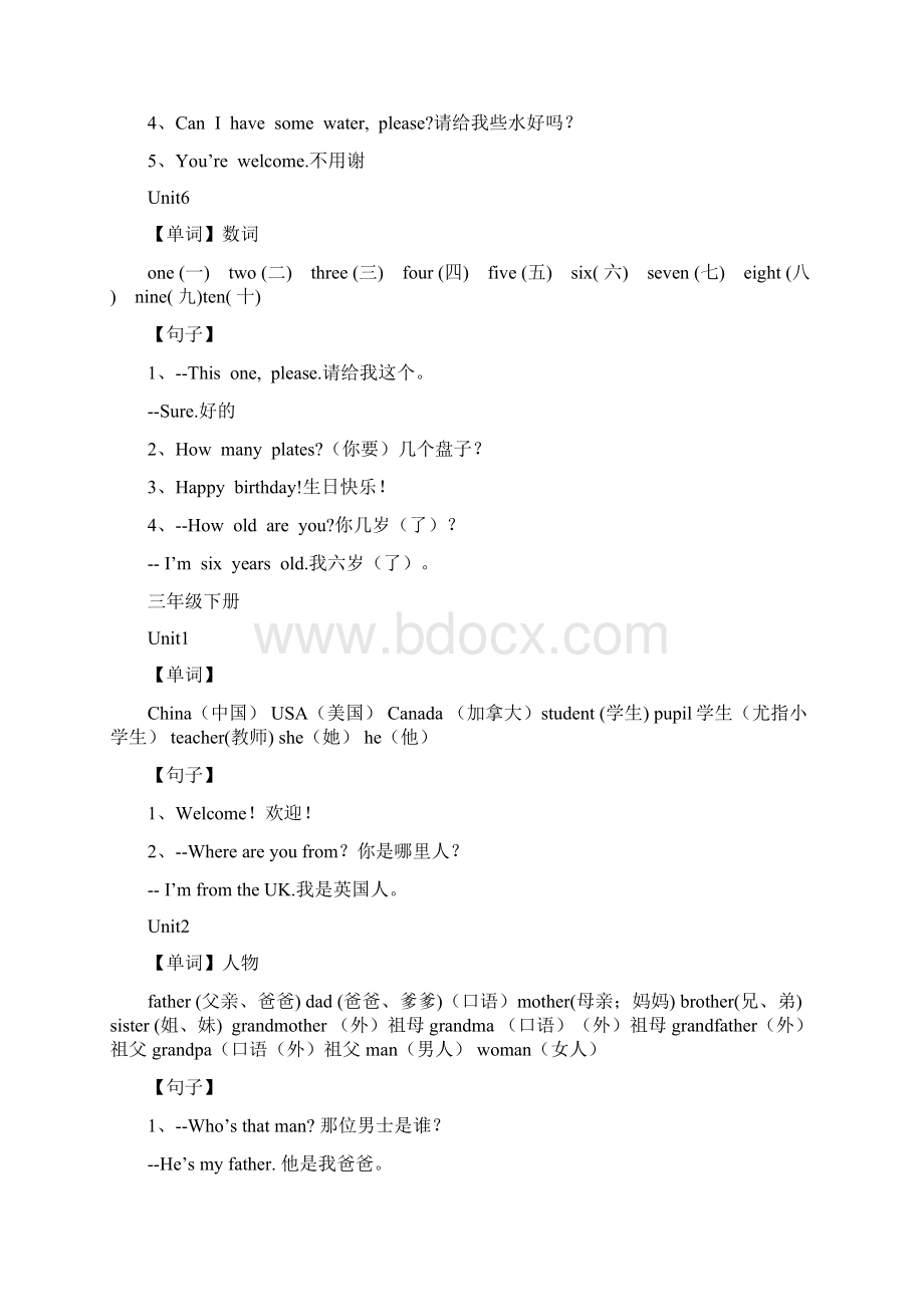 新版PEP小学英语三到六年级各单元重点单词与句型汇总Word文档格式.docx_第3页