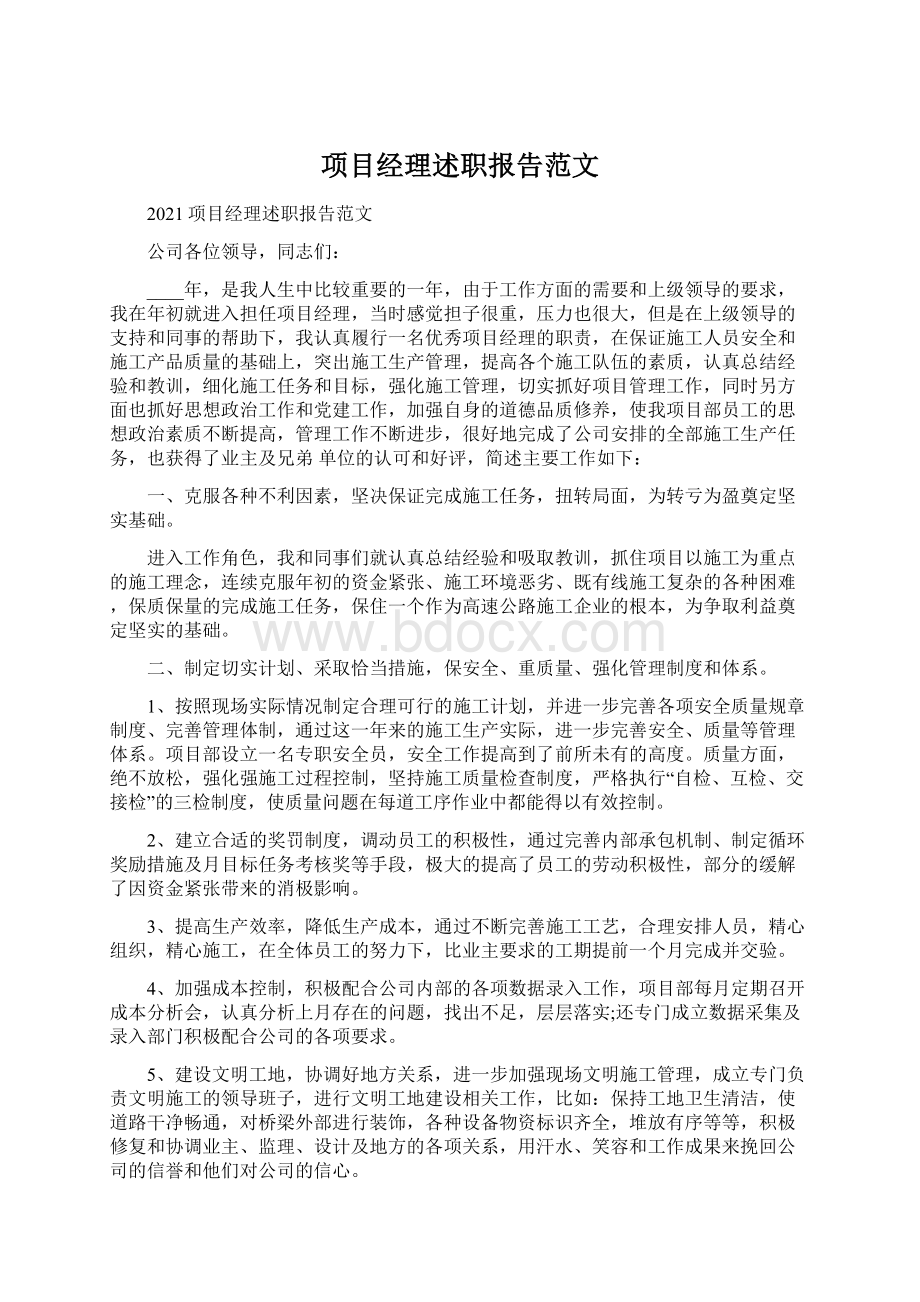 项目经理述职报告范文文档格式.docx