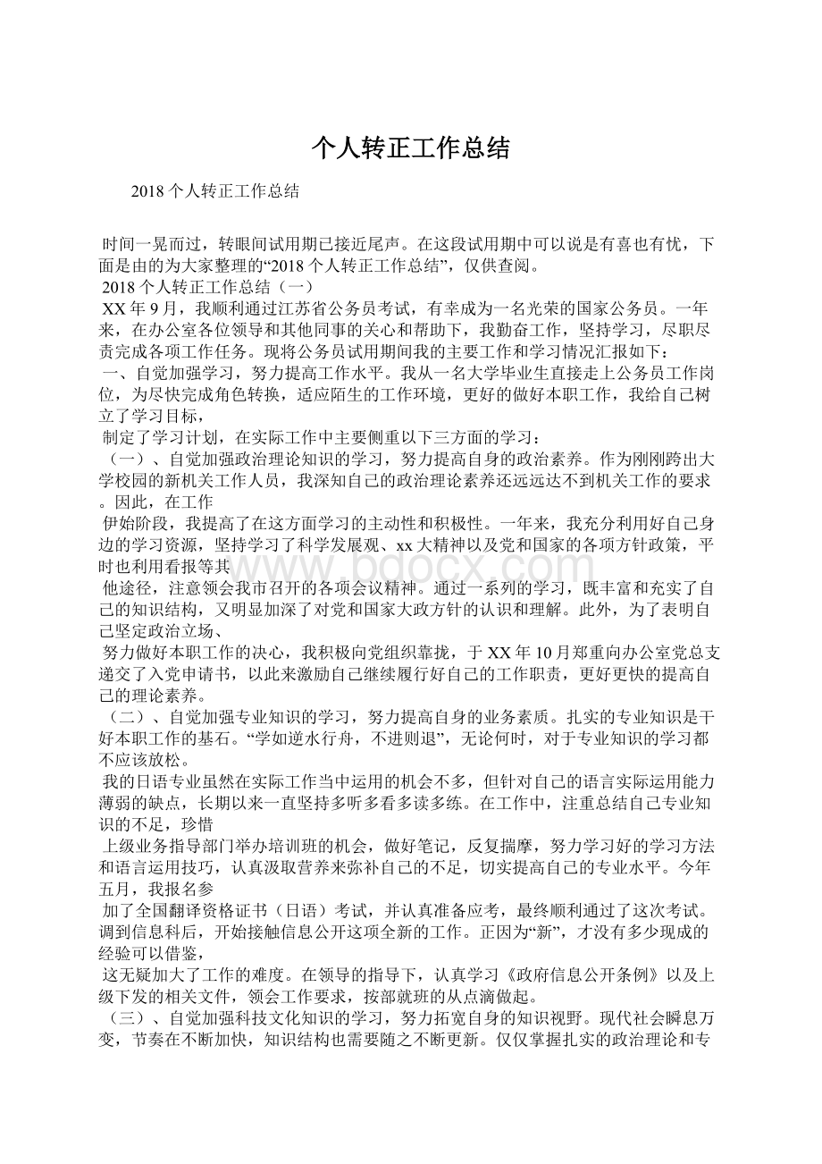 个人转正工作总结Word格式文档下载.docx