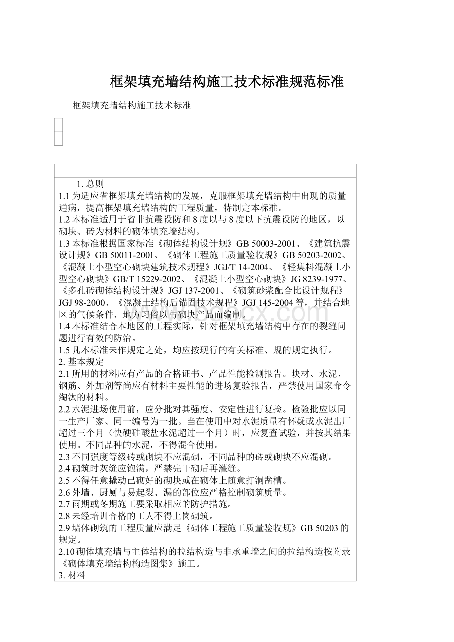 框架填充墙结构施工技术标准规范标准.docx