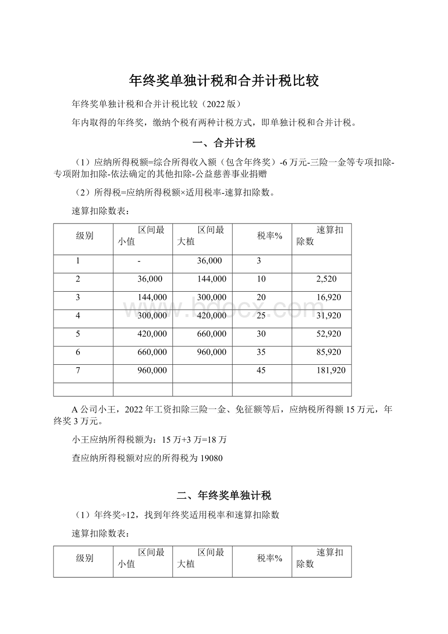 年终奖单独计税和合并计税比较Word下载.docx