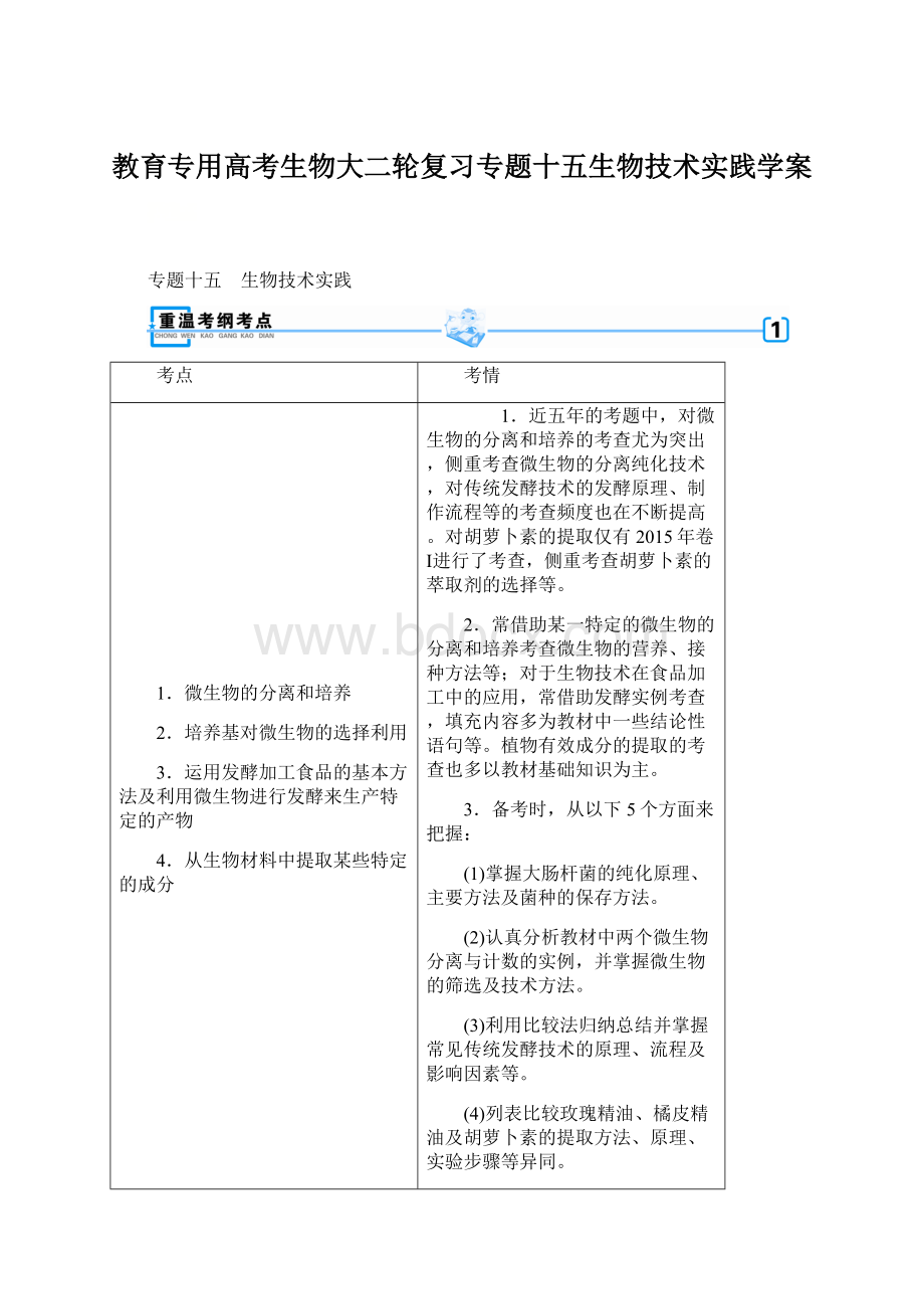 教育专用高考生物大二轮复习专题十五生物技术实践学案.docx_第1页