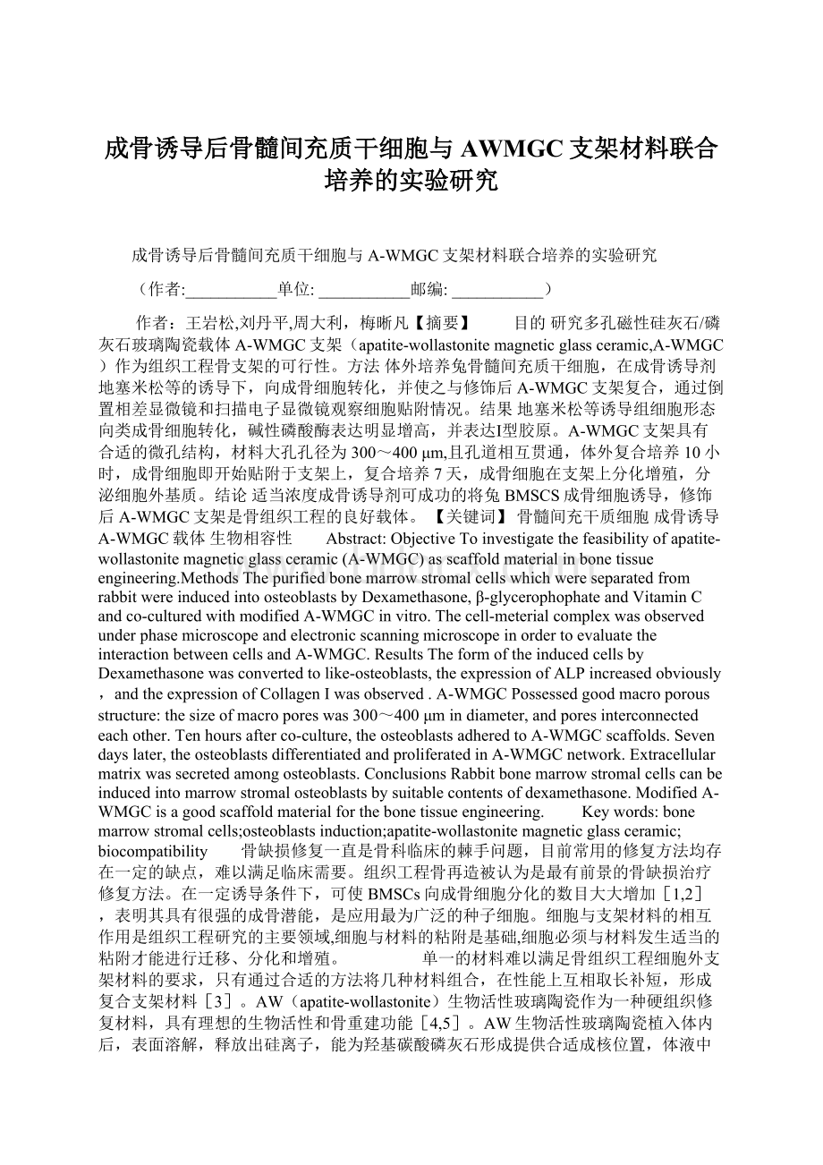 成骨诱导后骨髓间充质干细胞与AWMGC支架材料联合培养的实验研究Word格式.docx