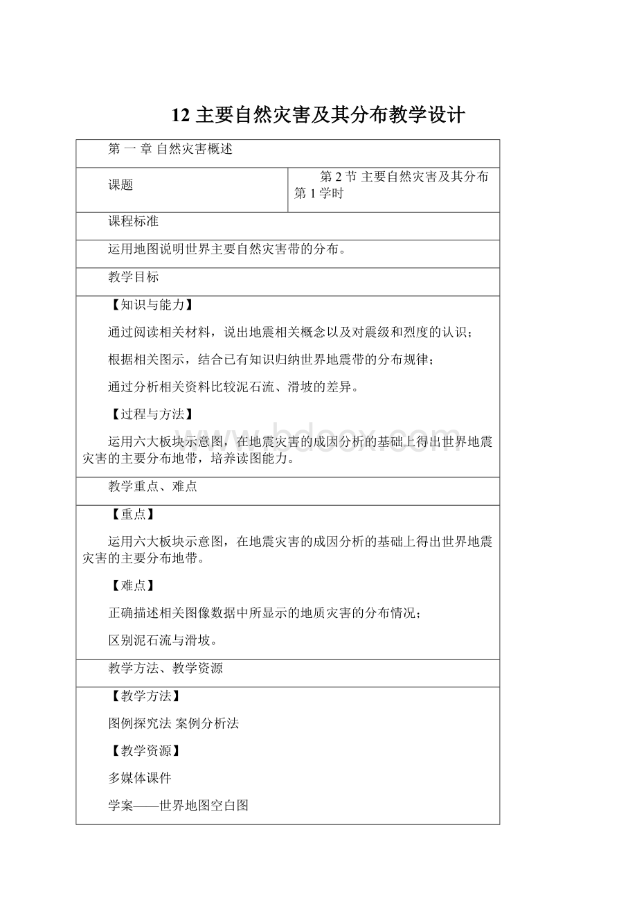 12 主要自然灾害及其分布教学设计文档格式.docx_第1页