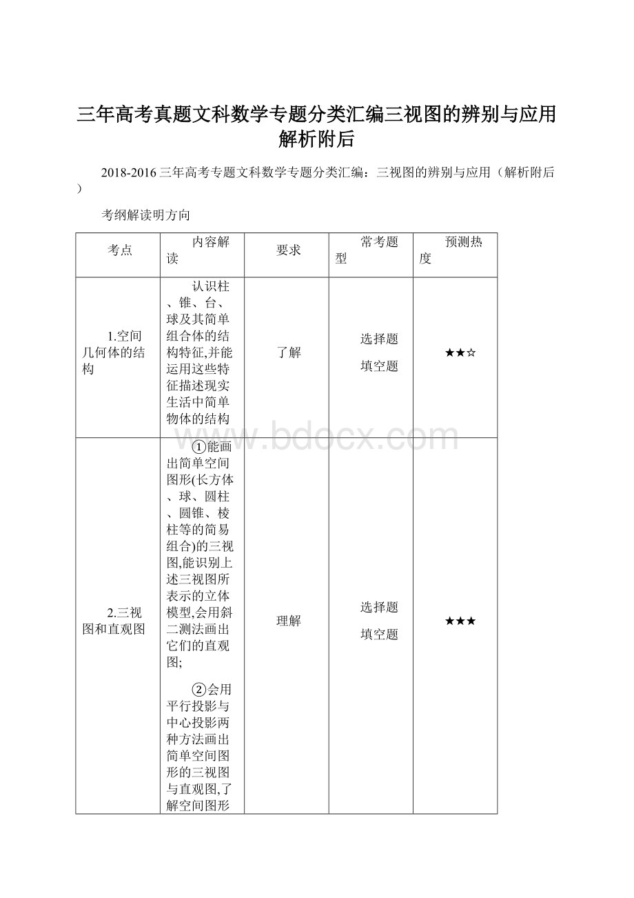 三年高考真题文科数学专题分类汇编三视图的辨别与应用解析附后.docx_第1页