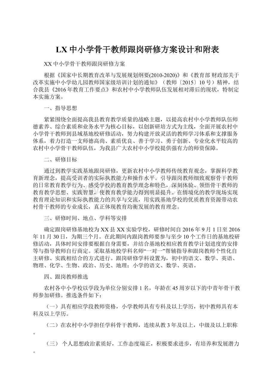 LX中小学骨干教师跟岗研修方案设计和附表Word格式文档下载.docx