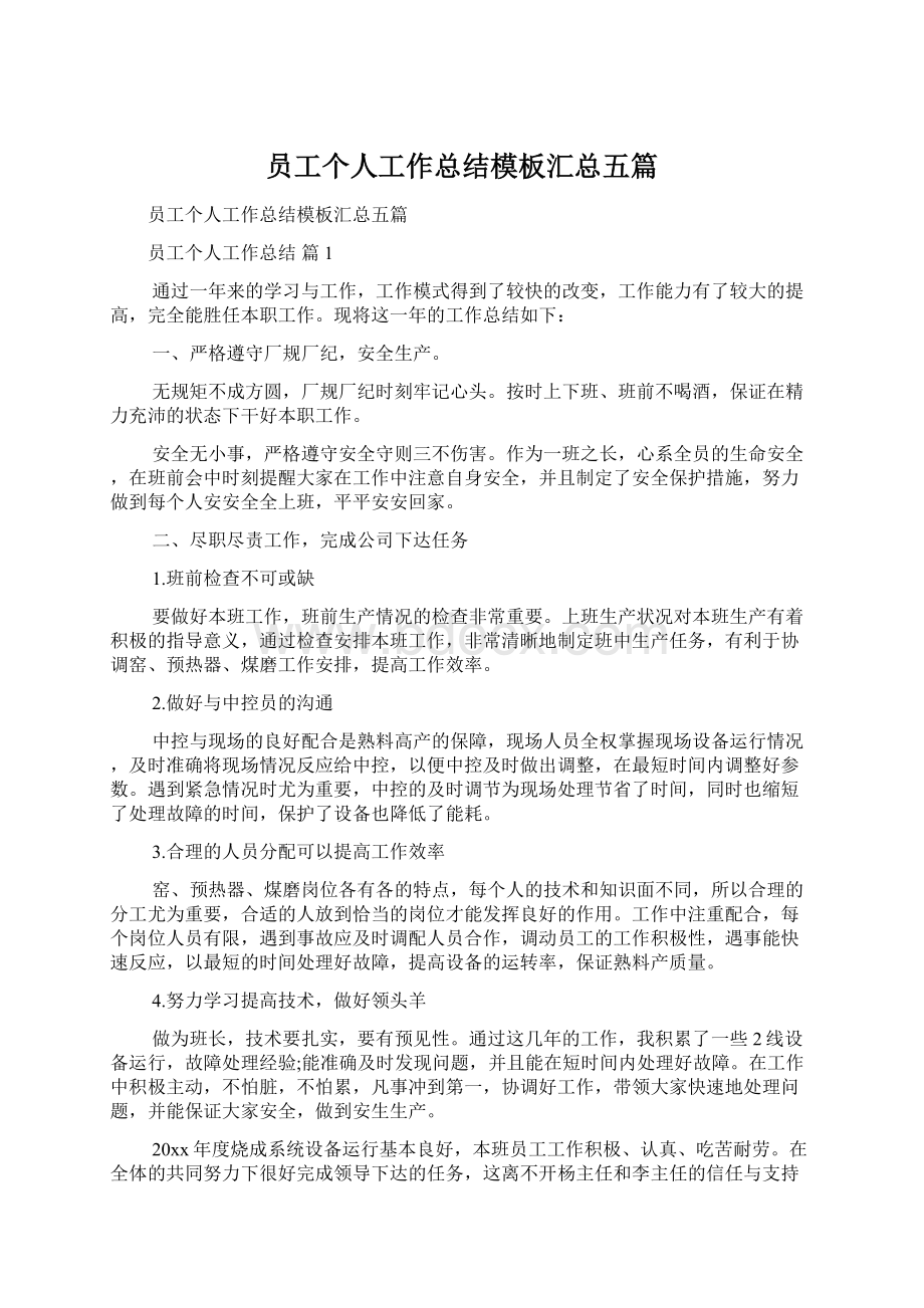 员工个人工作总结模板汇总五篇文档格式.docx