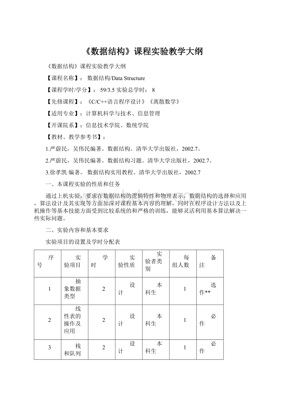 《数据结构》课程实验教学大纲.docx