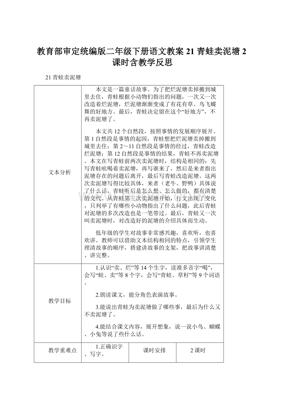 教育部审定统编版二年级下册语文教案21 青蛙卖泥塘2课时含教学反思Word文档下载推荐.docx_第1页