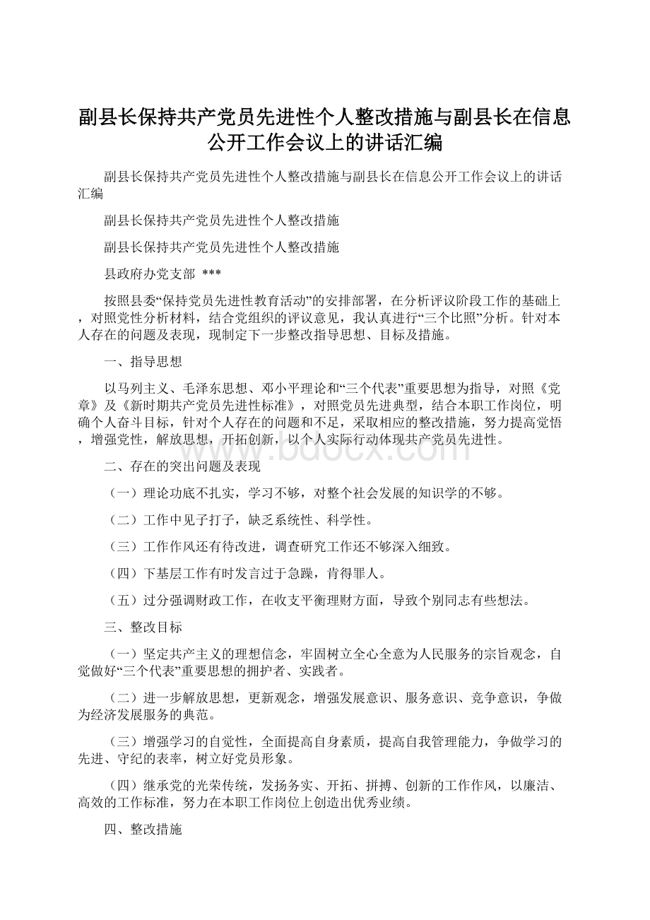 副县长保持共产党员先进性个人整改措施与副县长在信息公开工作会议上的讲话汇编.docx_第1页