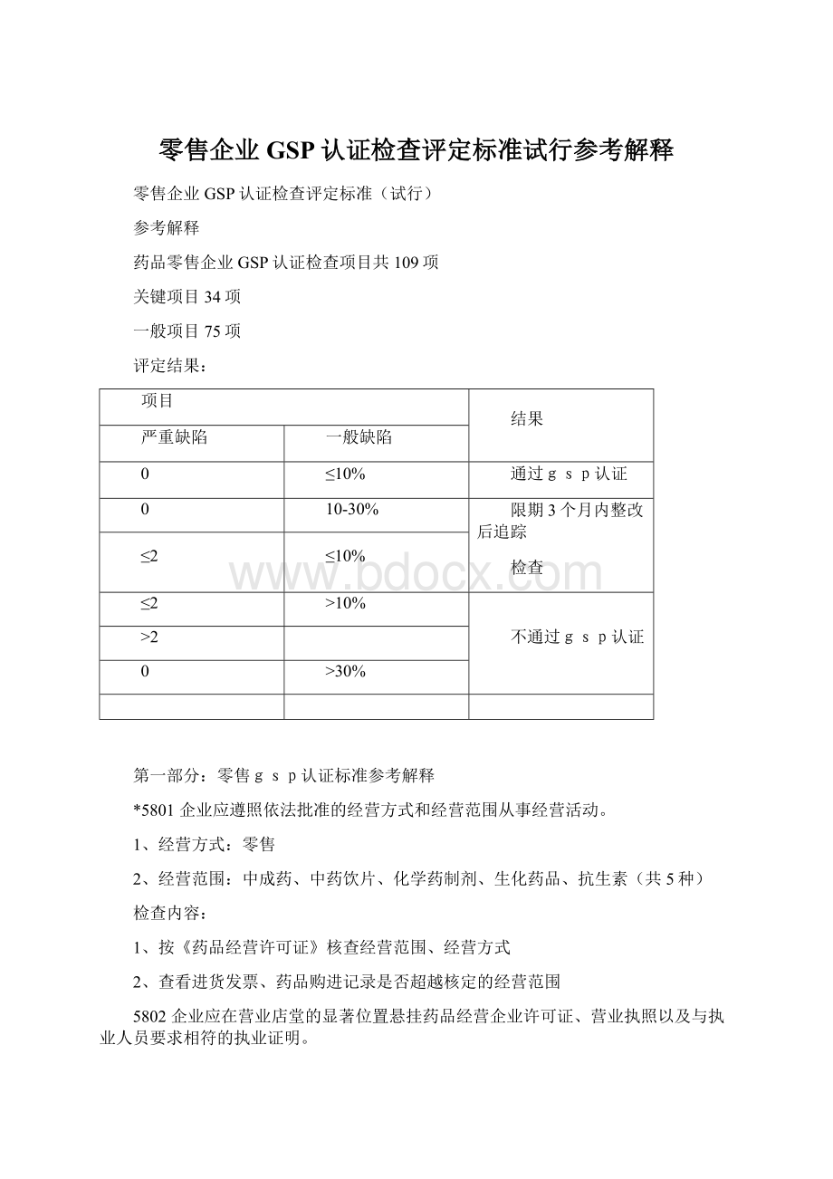 零售企业GSP认证检查评定标准试行参考解释Word文件下载.docx