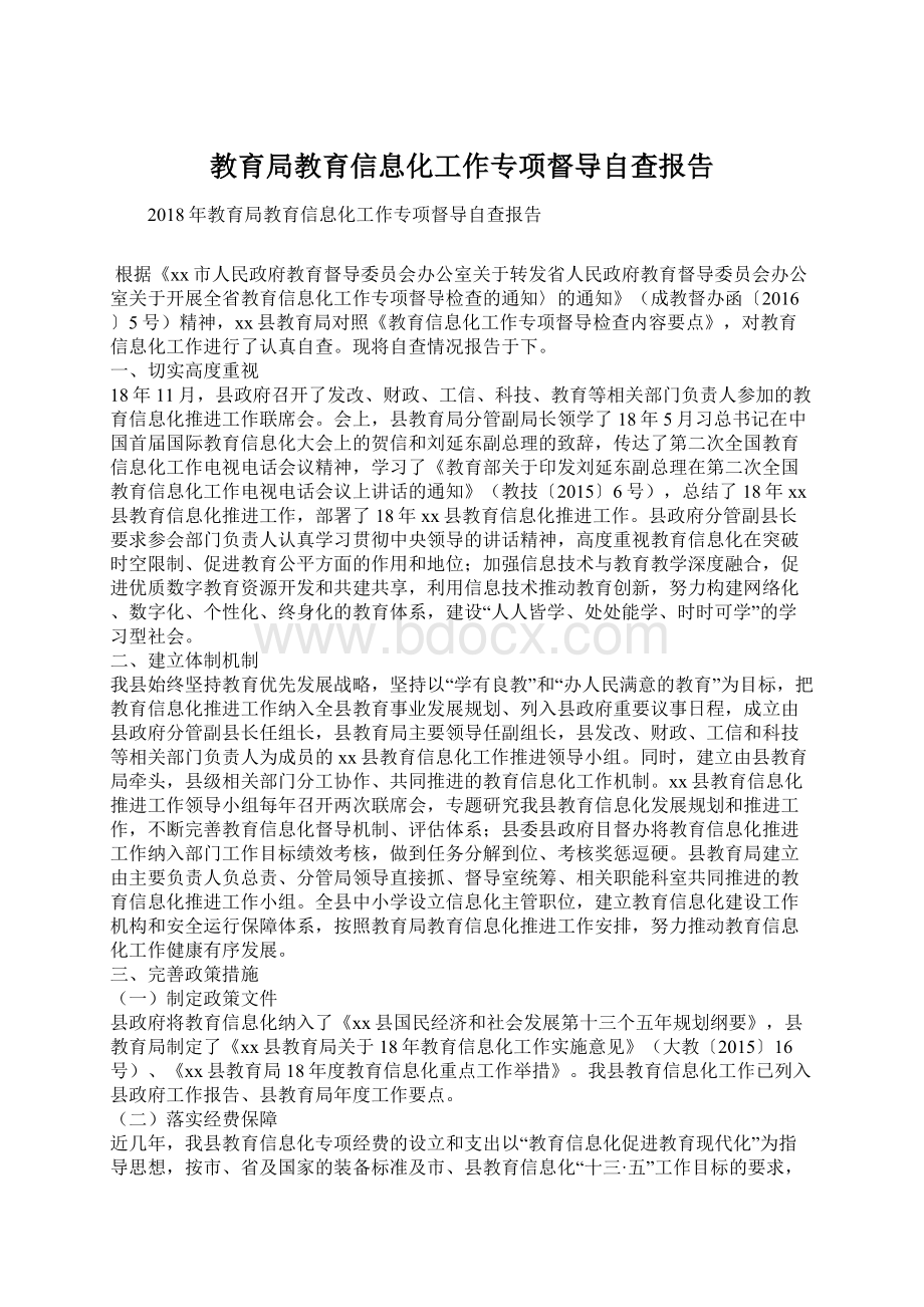 教育局教育信息化工作专项督导自查报告Word文档格式.docx