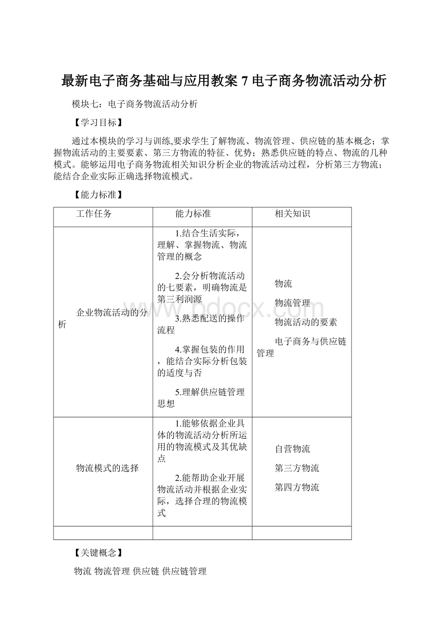 最新电子商务基础与应用教案7电子商务物流活动分析Word文件下载.docx_第1页