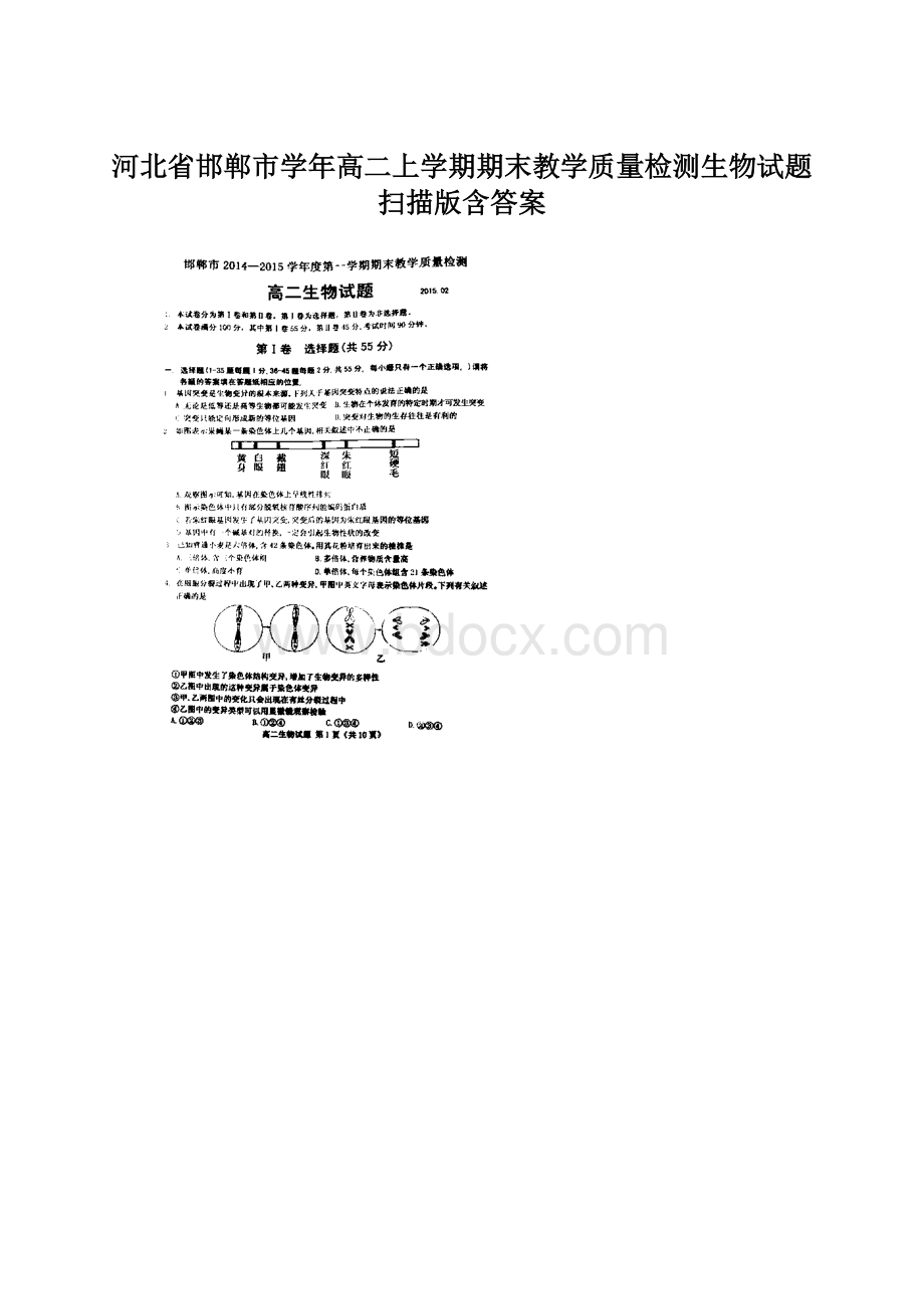 河北省邯郸市学年高二上学期期末教学质量检测生物试题 扫描版含答案.docx_第1页